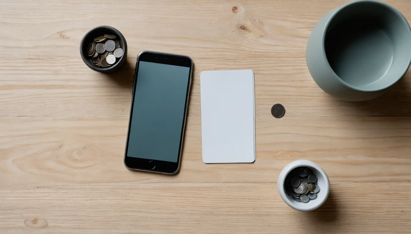 A smartphone with a blank screen, a blank bank card and small bowls of coins on a wooden desk