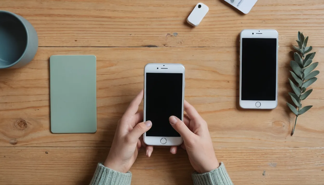 A hand holding a smartphone with a blank screen above a desk with a blank bank card