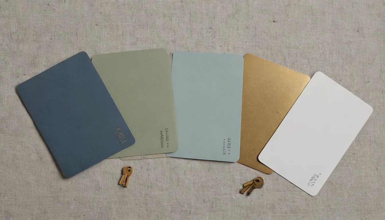Blank bank cards in muted colours fanned out on a linen surface beside small brass keys
