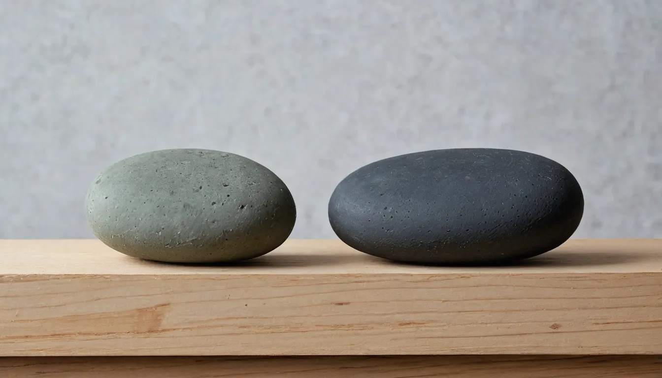 Two smooth matte stones, one grey-green and one charcoal, side by side on a pale wooden ledge