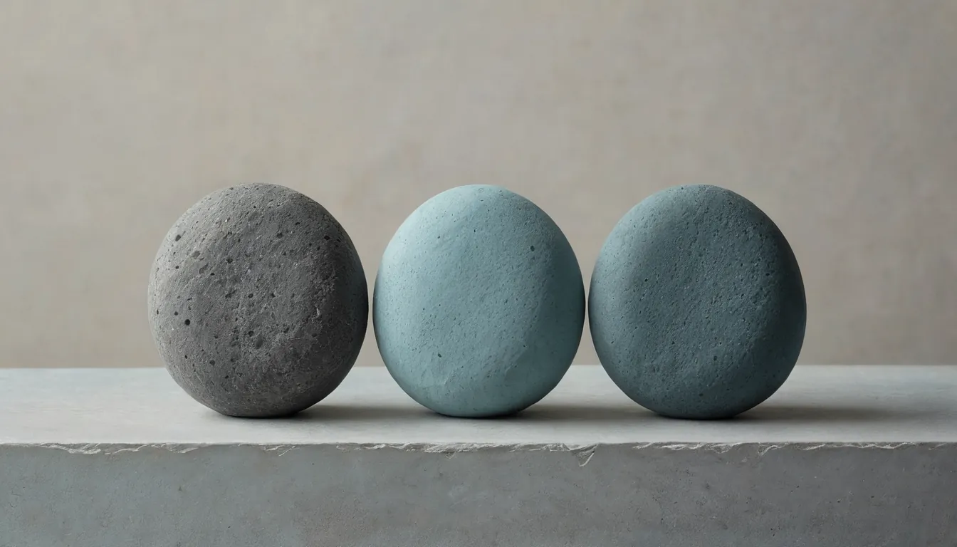 Three round stones, one grey, one pale blue and one teal, side by side on a pale stone ledge