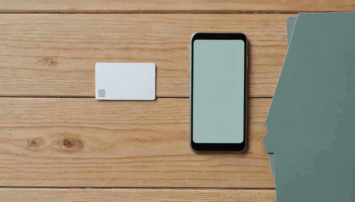 A blank bank card and a smartphone on a wooden desk