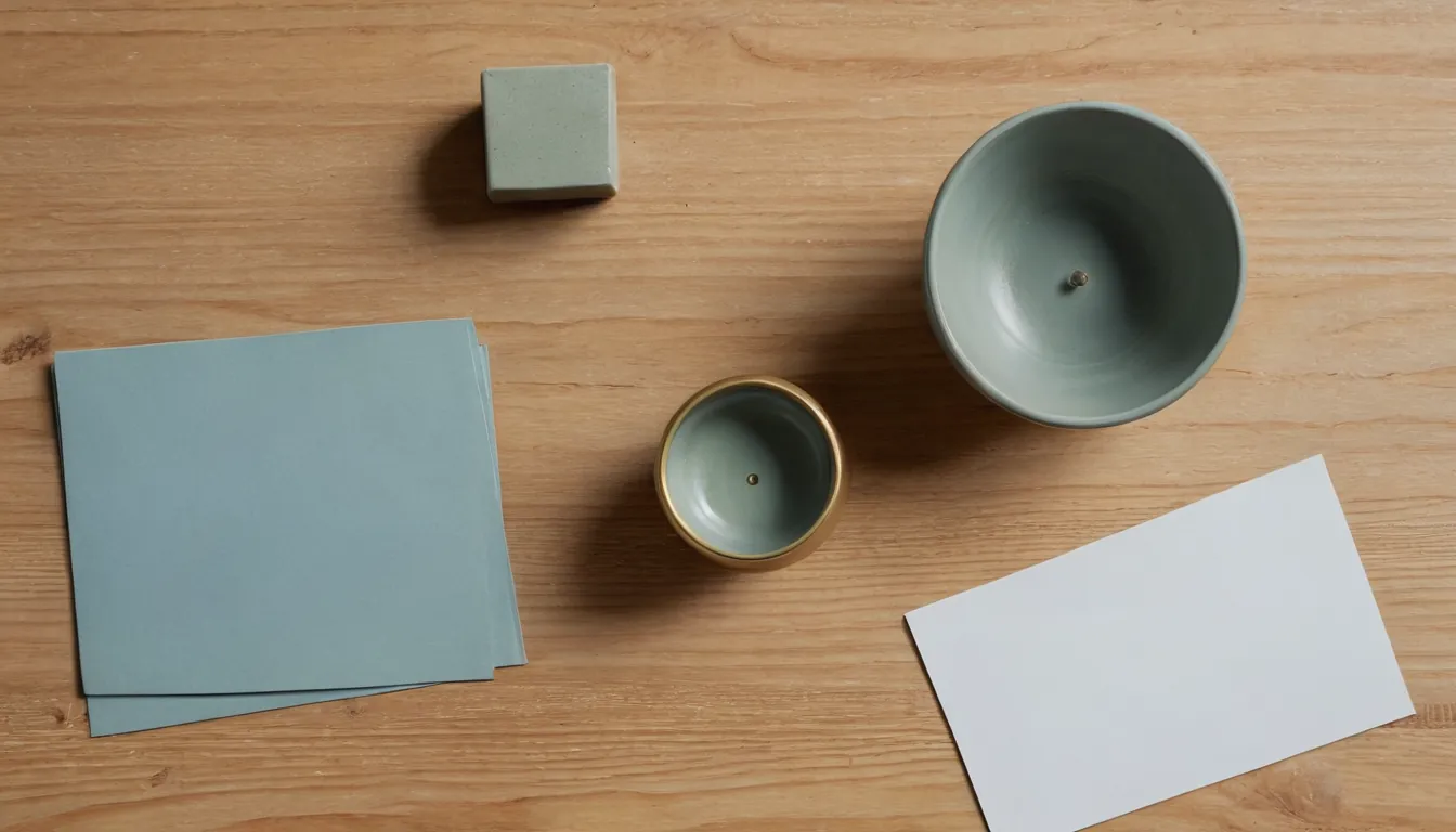 An empty ceramic bowl beside a blank bank card and a small brass hourglass on a wooden desk
