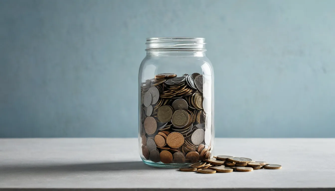 A glass jar half filled with plain coins