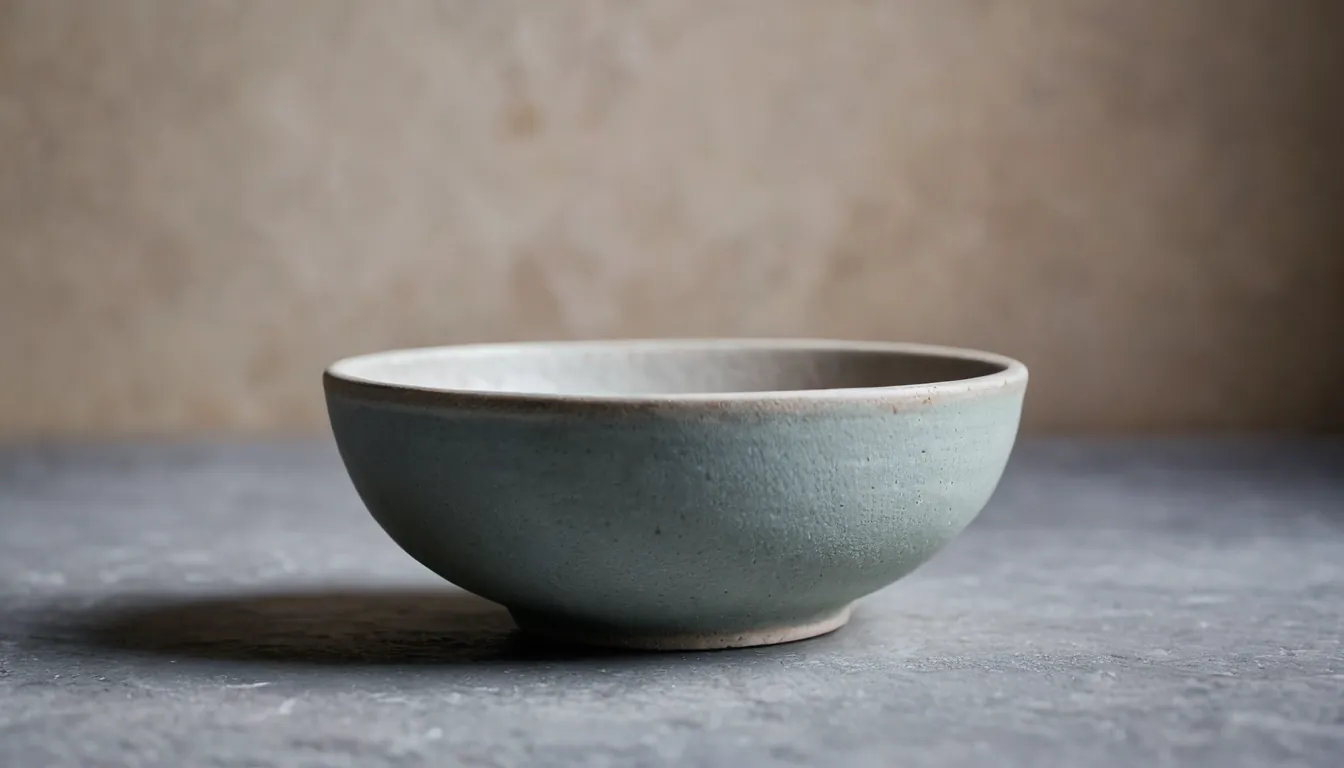 An empty sage-grey ceramic bowl on a grey stone surface
