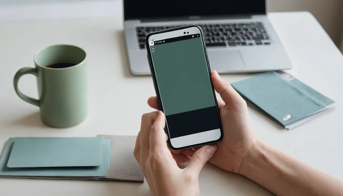 A hand holding a smartphone above a blank bank card