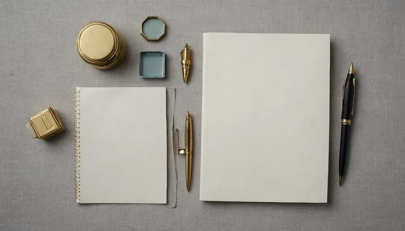 Blank cream paper sheets, a spiral notepad, two pens and small brass desk objects on grey linen