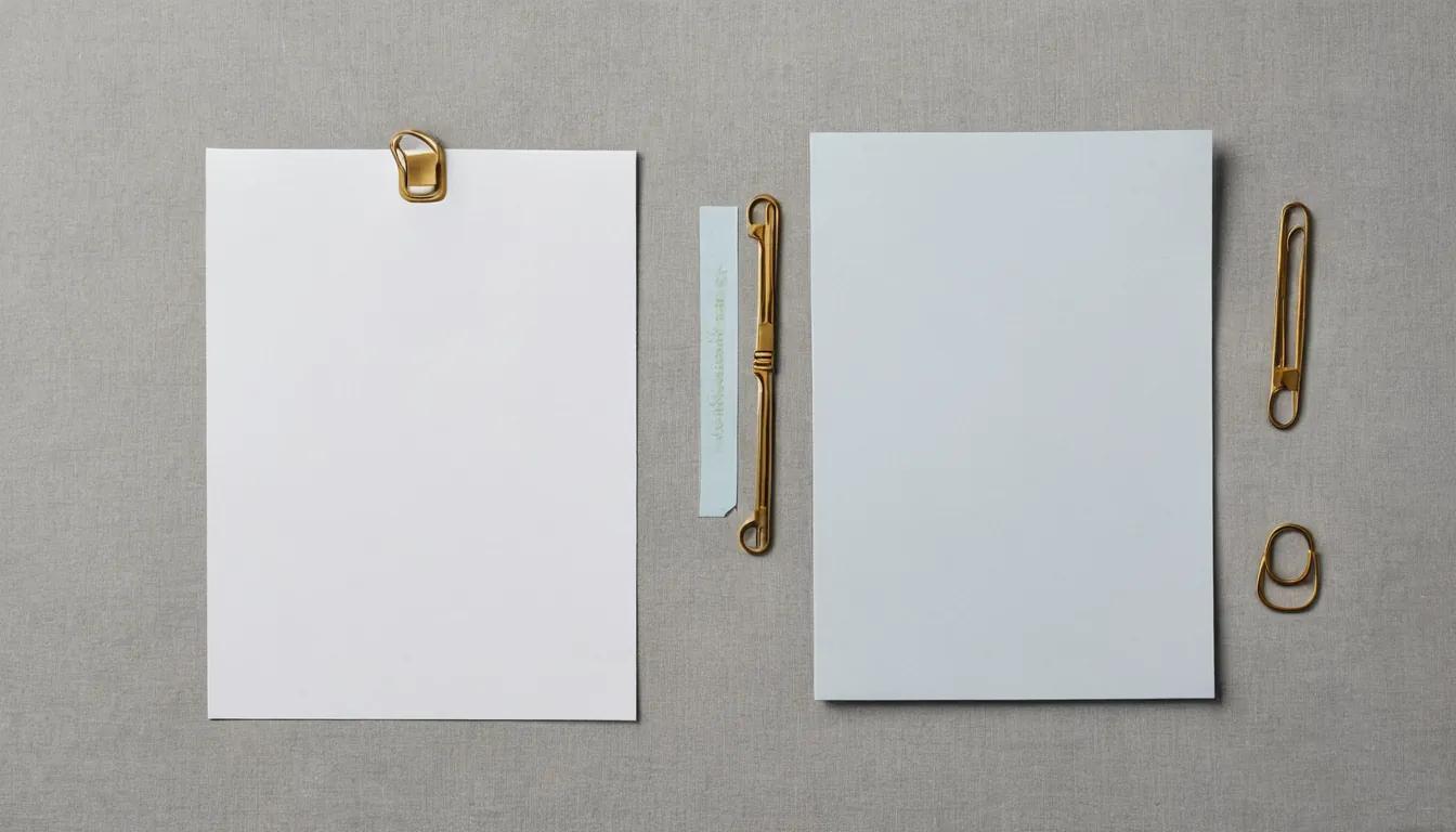 A blank identity card and a blank sheet of paper with a brass paperclip on grey linen