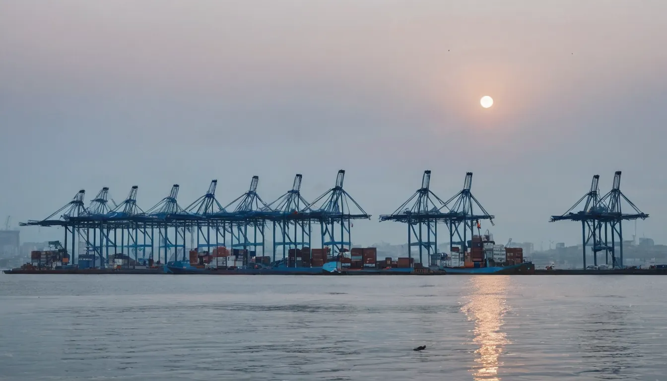 A container harbour with blue cranes at dawn over calm water, in soft mist