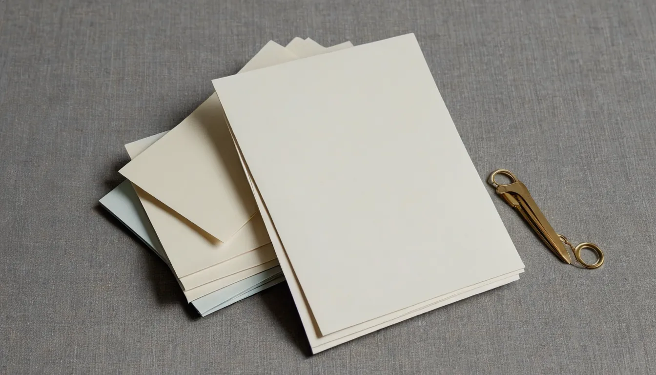 A loose stack of blank cream and pale blue cards on grey linen beside a small brass clip