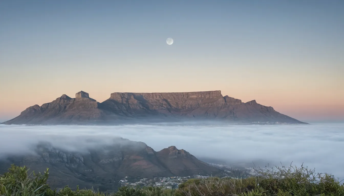 Table Mountain and Cape Town at dawn through soft mist