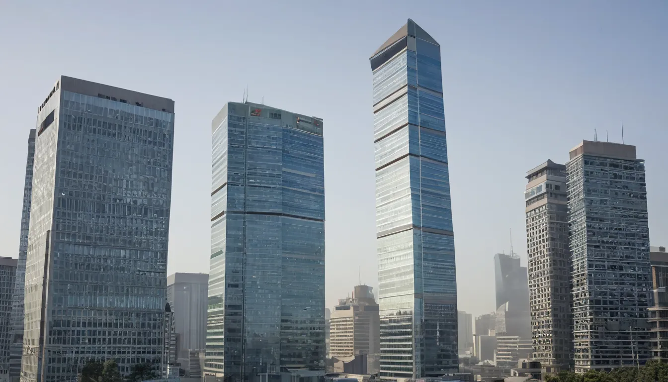 Glass office towers of the Johannesburg skyline in soft morning haze
