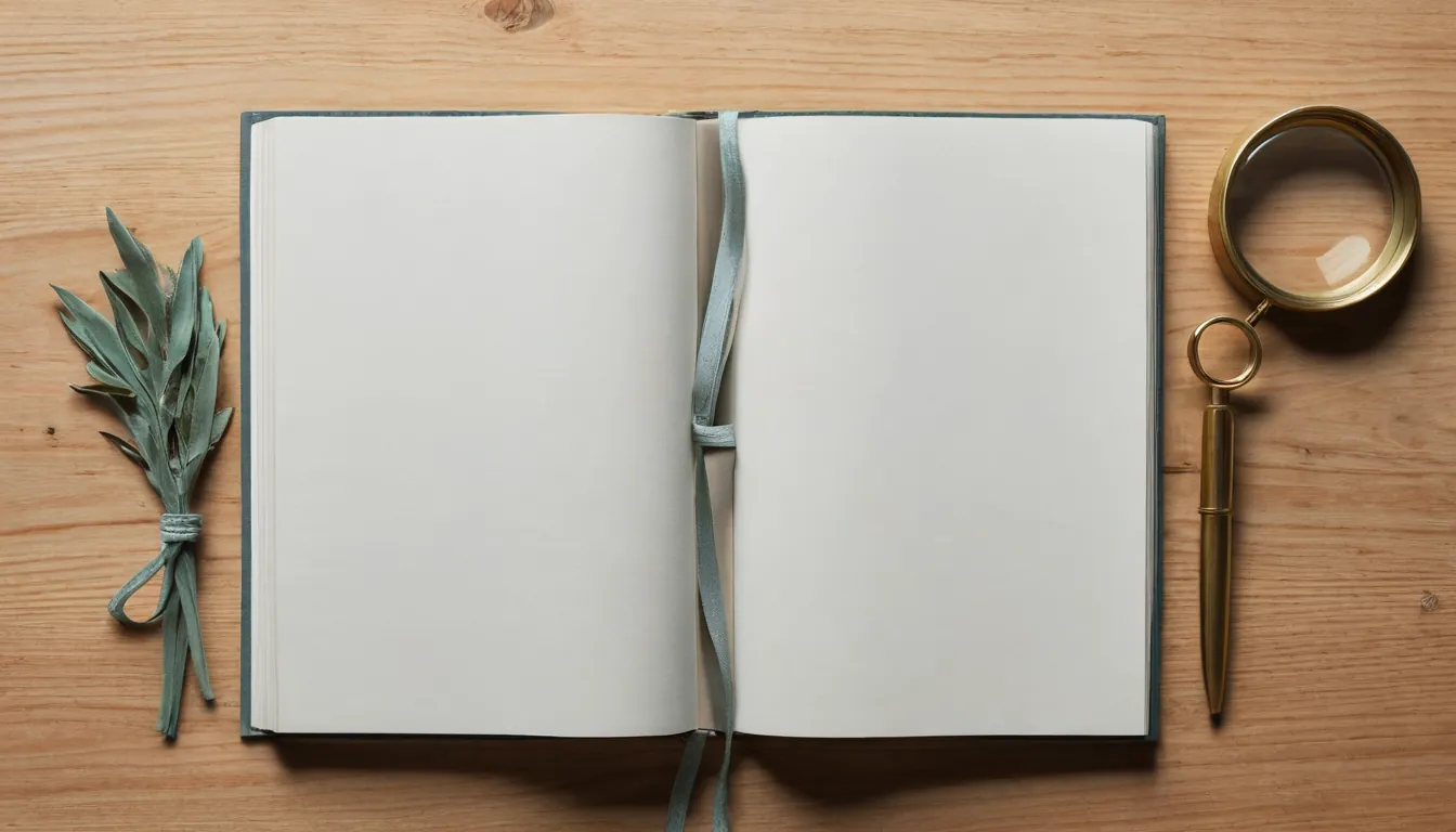 An open blank notebook with a ribbon bookmark on a wooden desk beside a brass magnifying glass