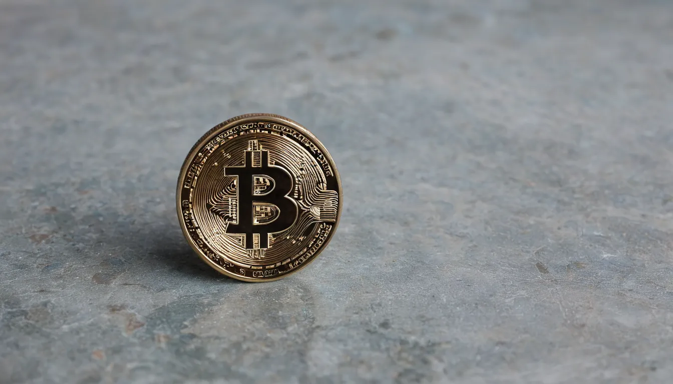 A matte brass coin with a bitcoin symbol on a pale stone surface