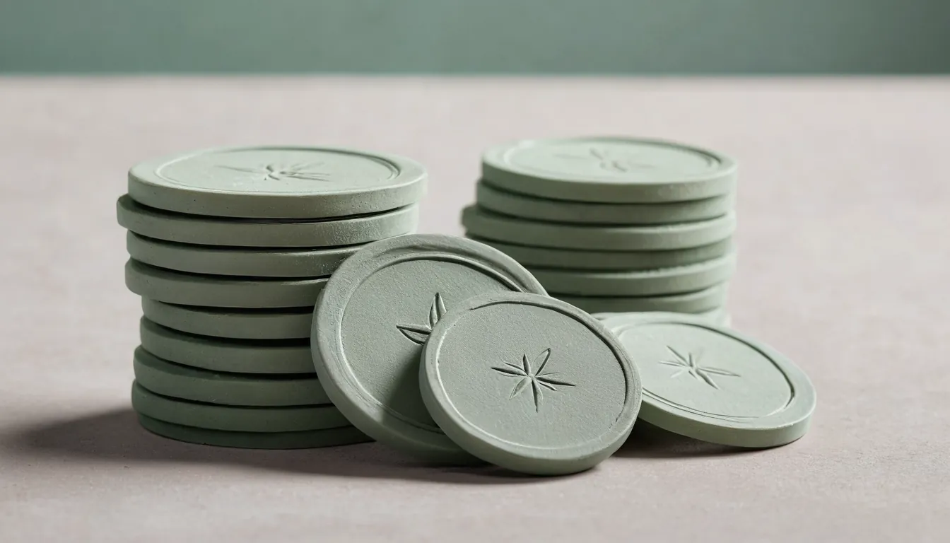 A stack of matte sage-green tokens on a pale surface