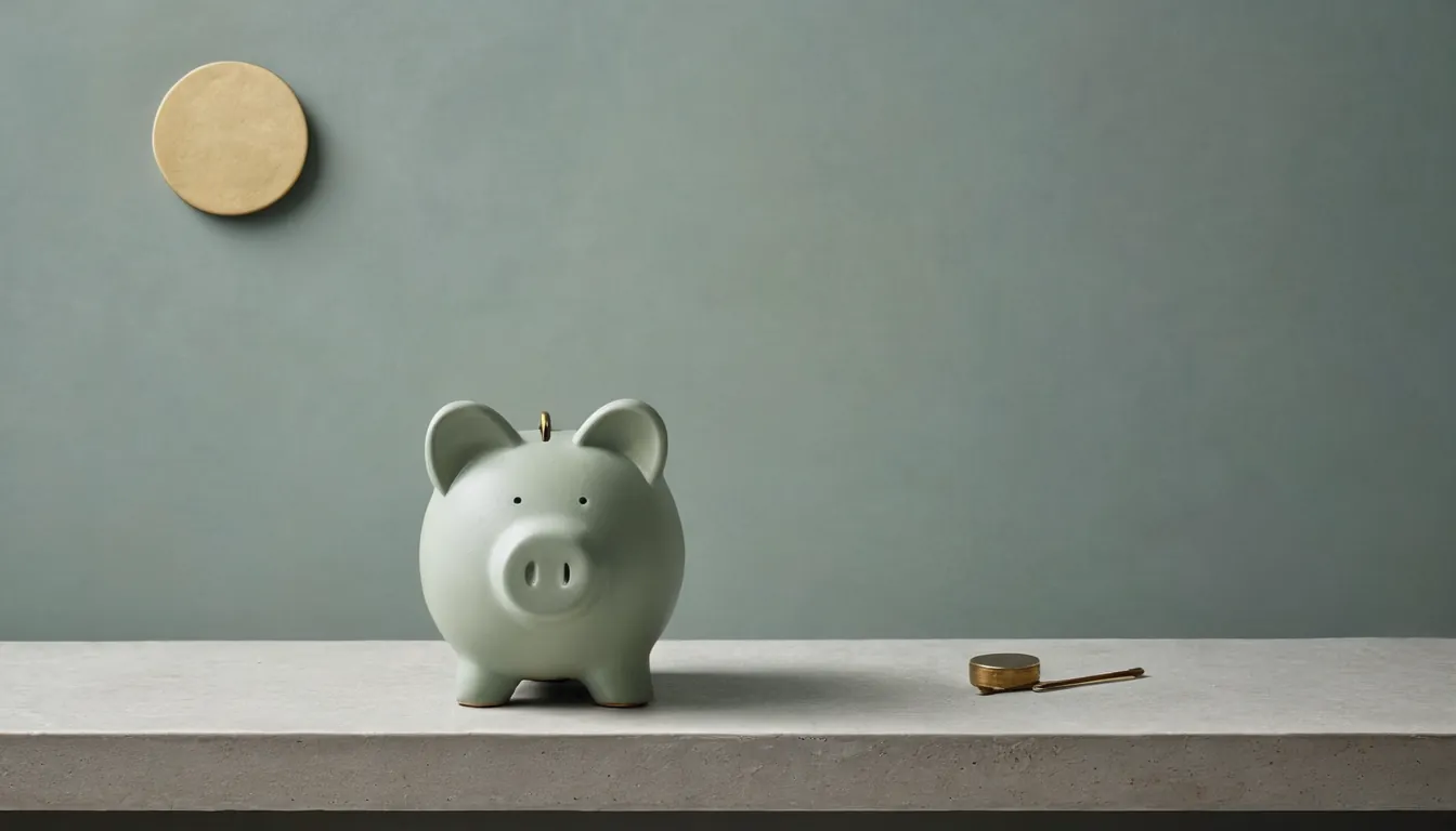 A sage-green ceramic piggy bank on a pale stone ledge beside a small brass coin