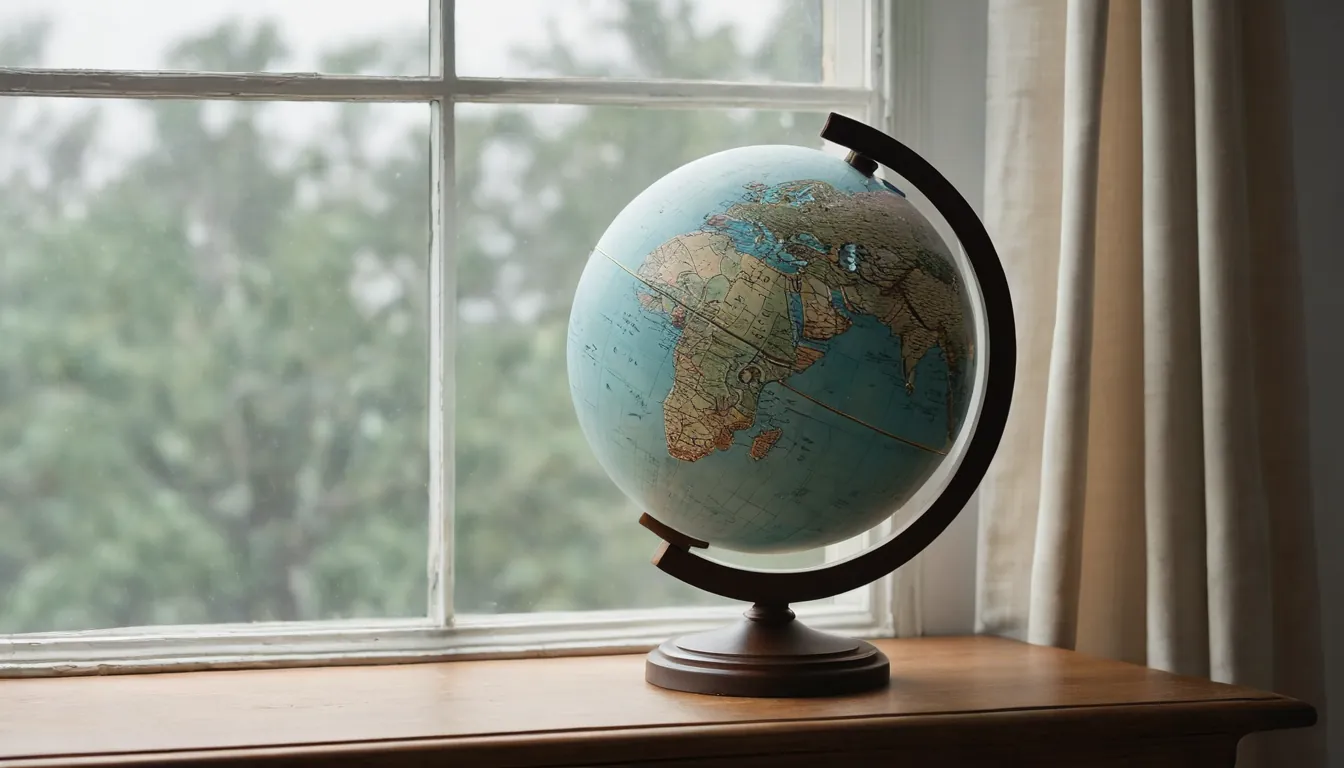 A pale globe on a wooden stand beside a window