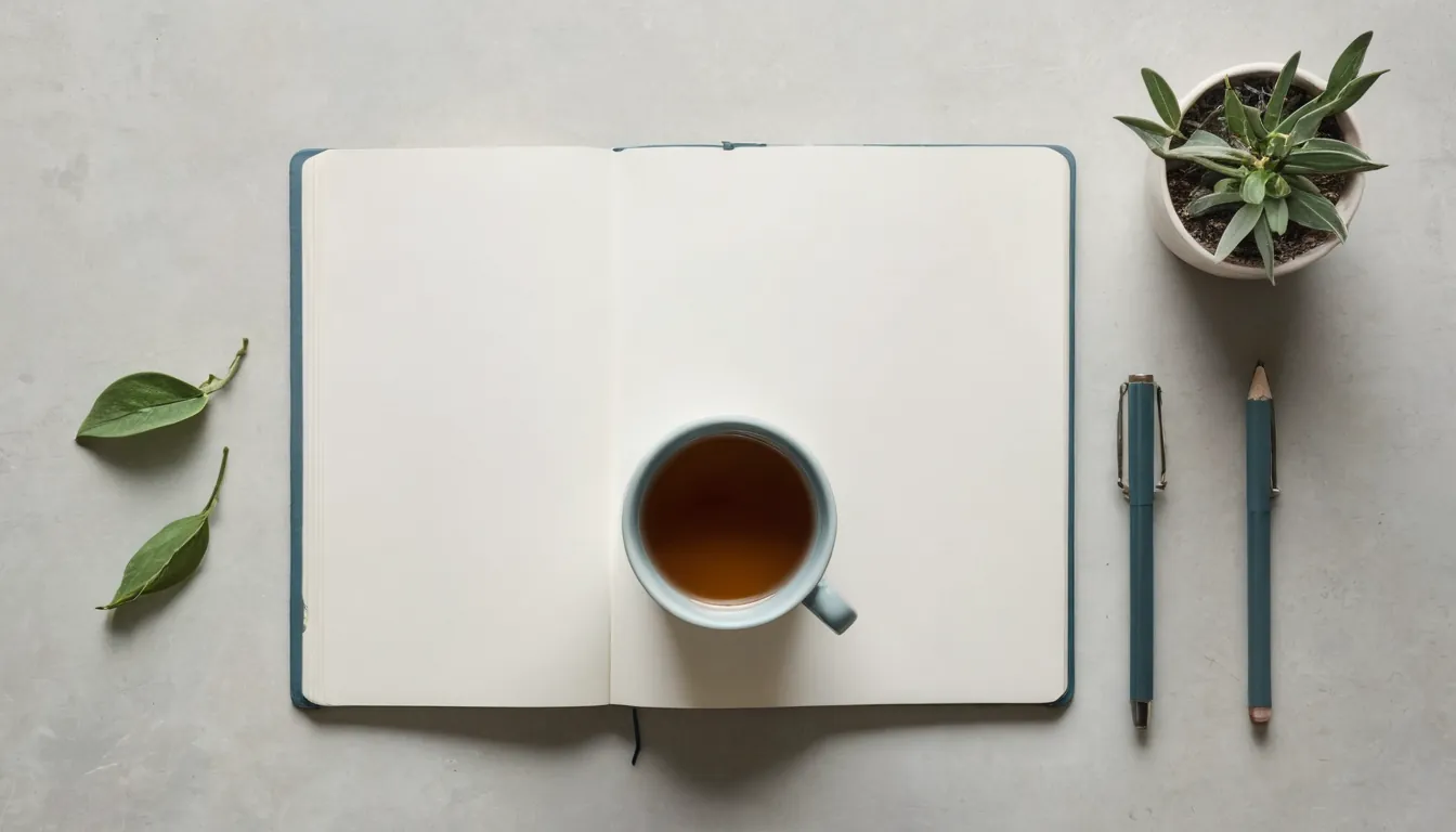 An open blank notebook with a pencil and a cup of tea