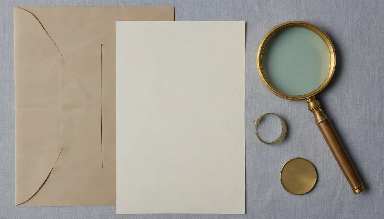 A blank envelope and a blank sheet of paper beside a brass magnifying loupe on grey linen