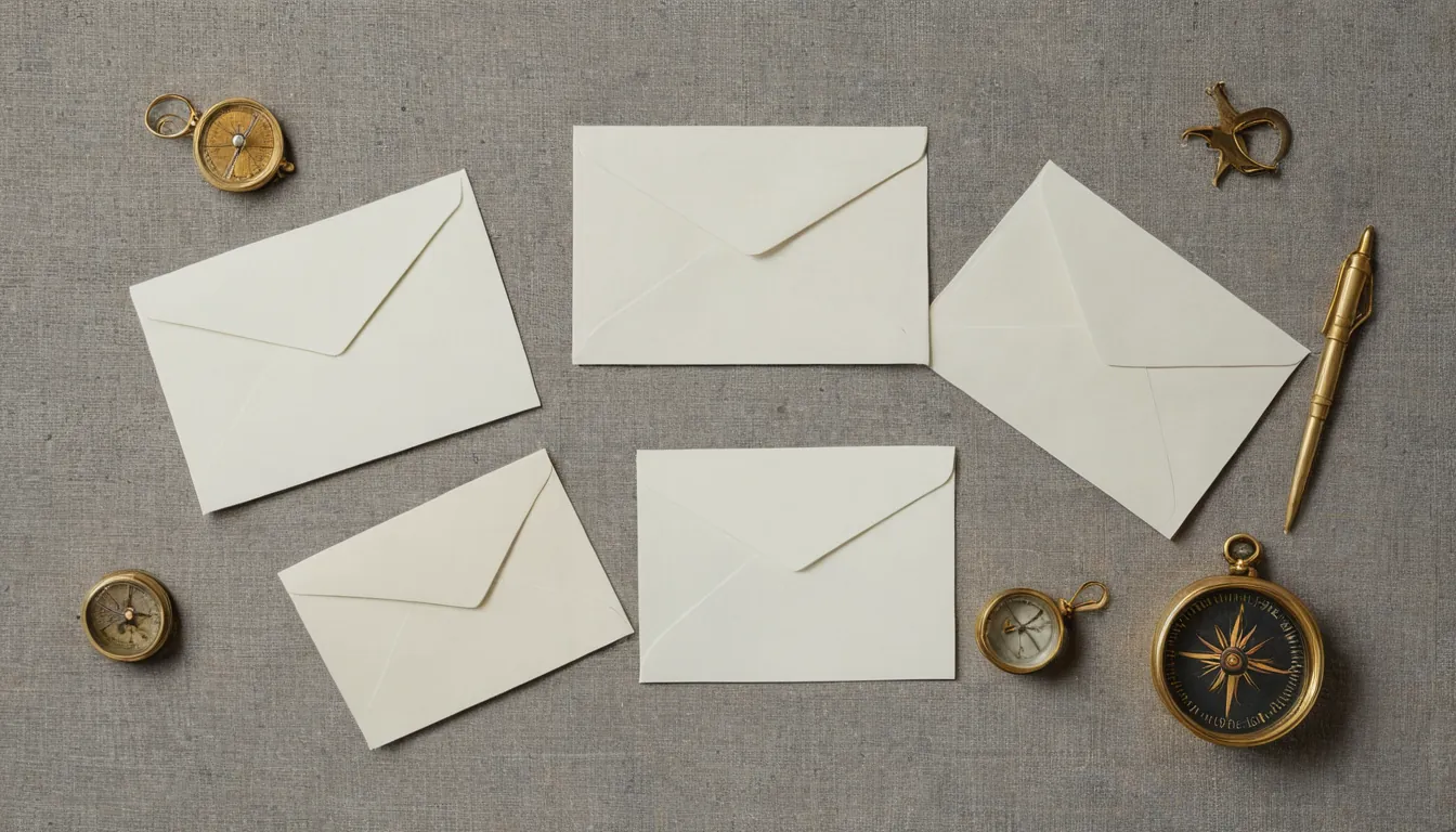 Five blank cream envelopes on grey linen with brass compasses and a brass pen around them