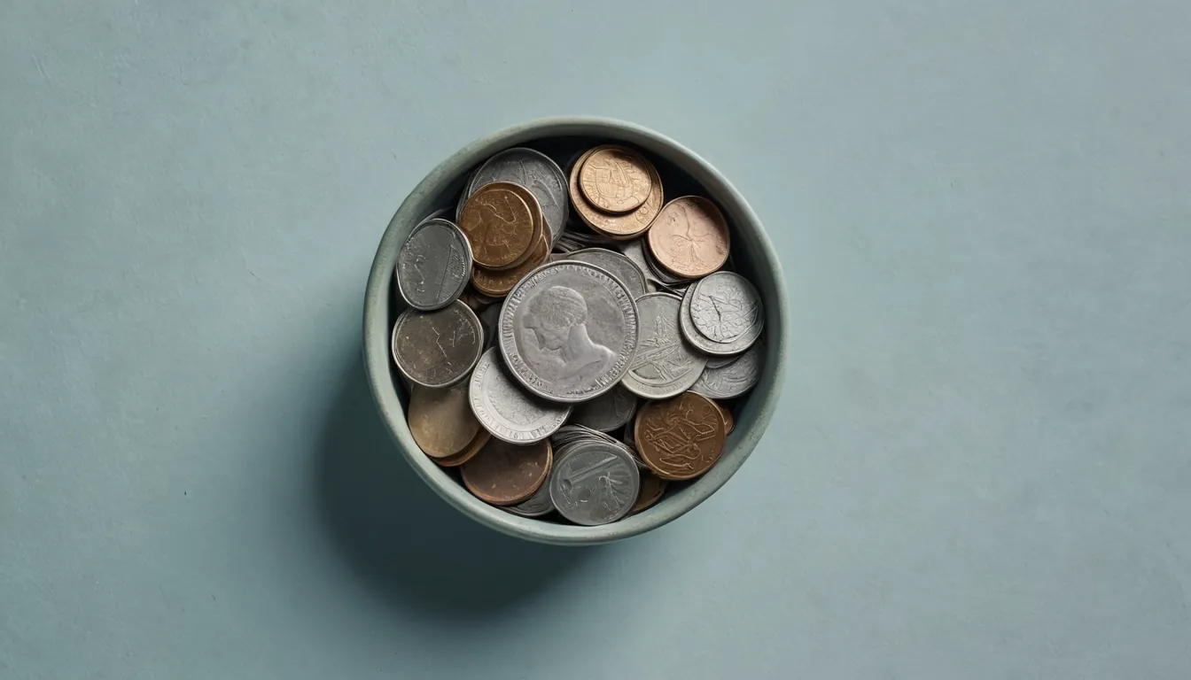 A stack of plain coins beside a small ceramic bowl