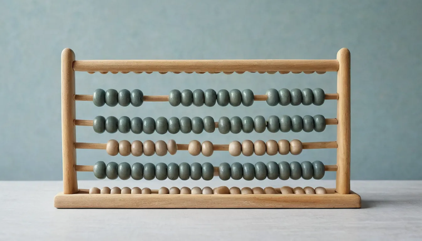 A wooden abacus with pale beads on a desk