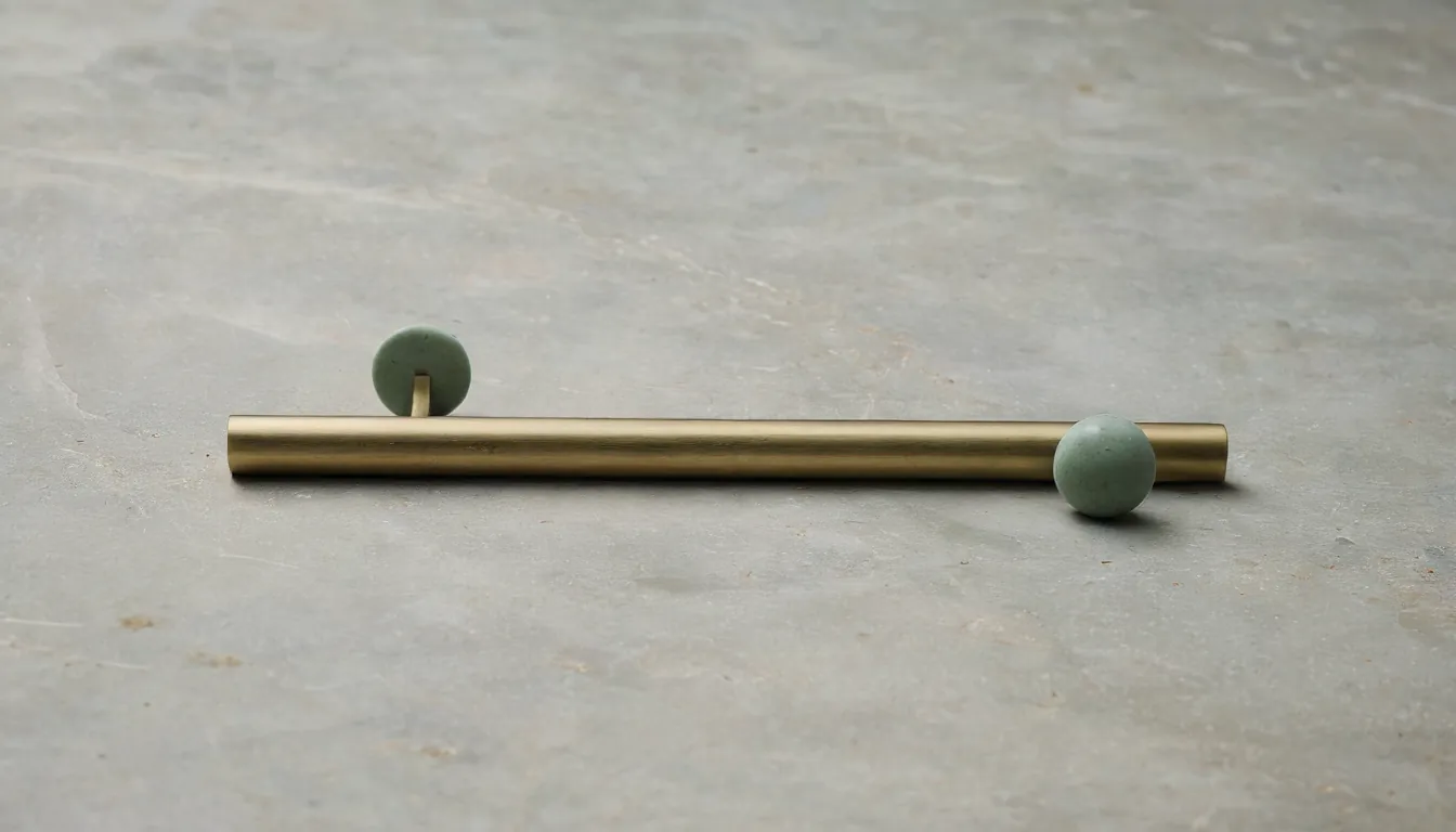 Two thin brass rails diverging on a stone surface with a single green token between them