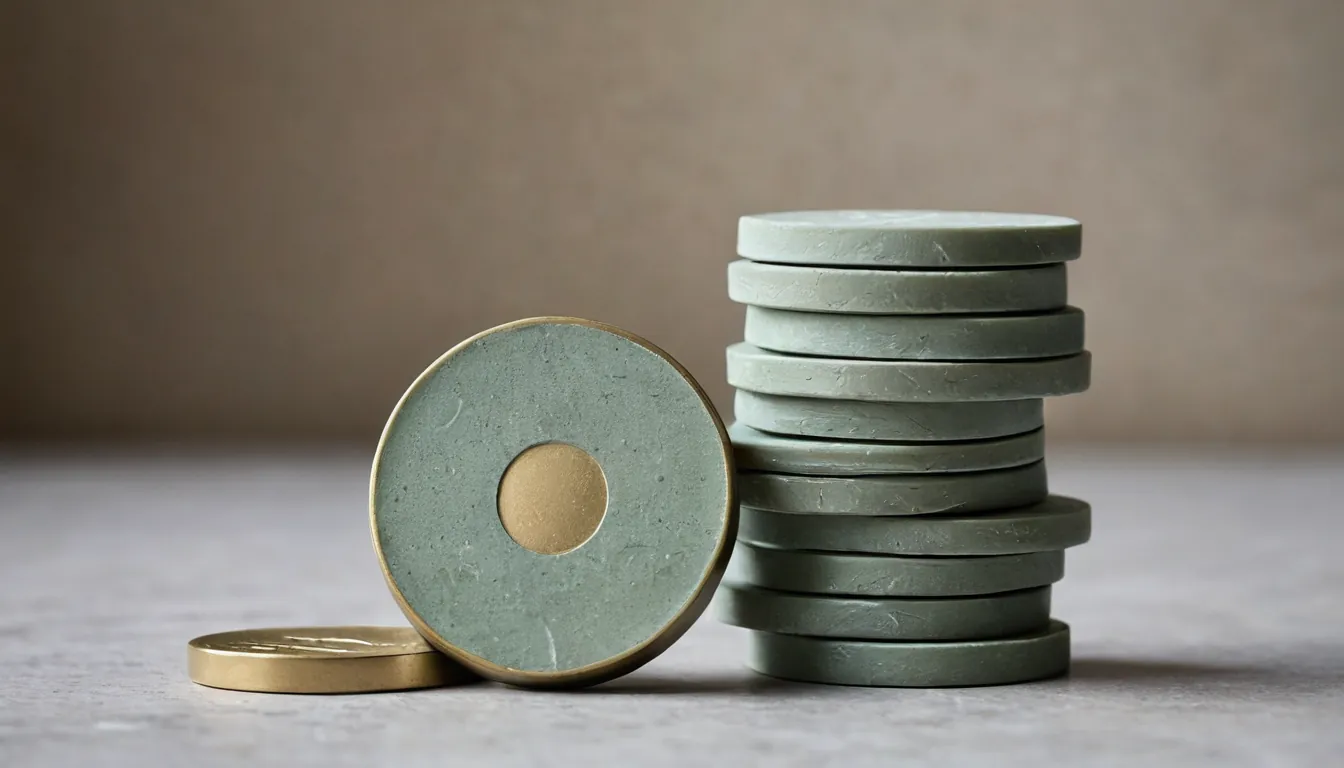 Two stacks of green tokens beside a small brass balance weight on a stone surface