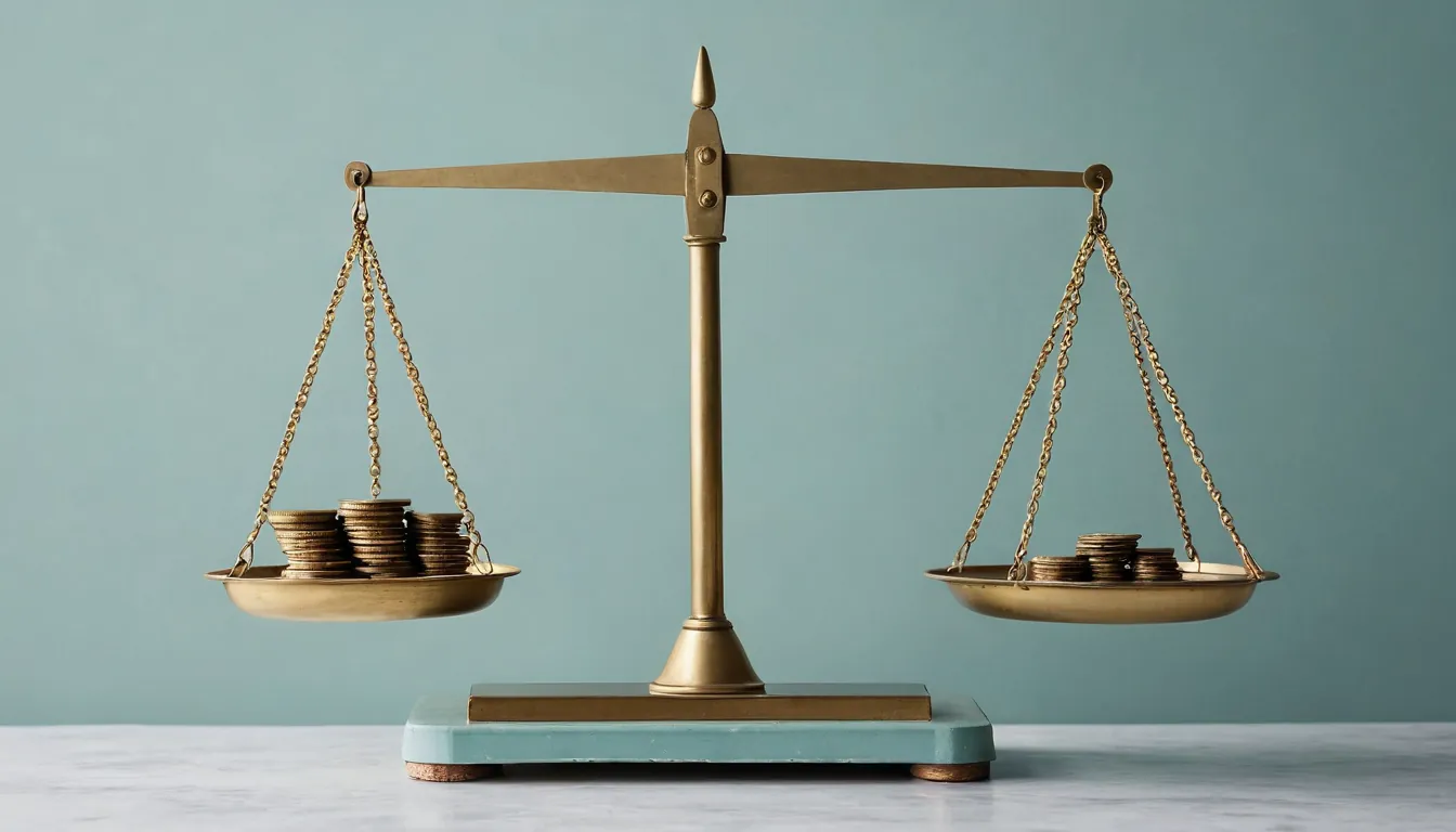 A brass balance scale with plain coins on both pans